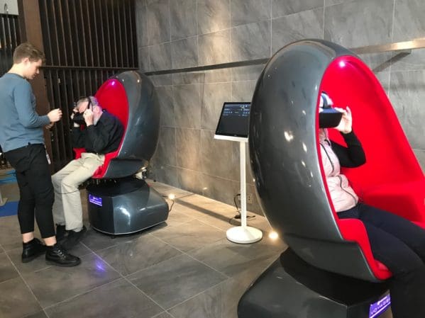 janine and robin spin around in vr chairs at technicolor labs